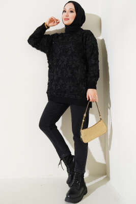 Tül Çiçekli Triko Tunik Siyah - Triko Tunik