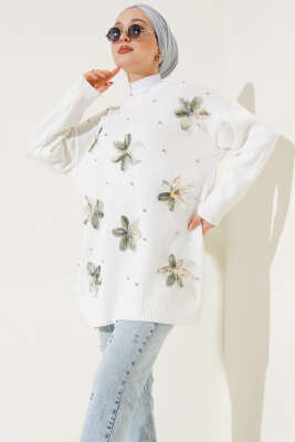 Tül Çiçekli Triko Tunik Yeşil - Triko Tunik