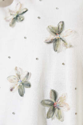 Tül Çiçekli Triko Tunik Yeşil - Triko Tunik