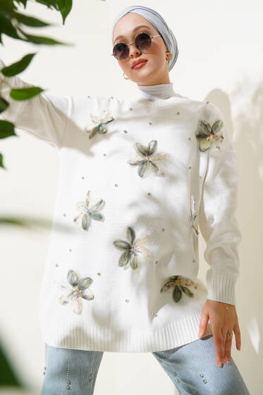 Tül Çiçekli Triko Tunik Yeşil - Tunik