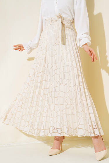 Tül Desenli Pileli Etek Bej - Etek