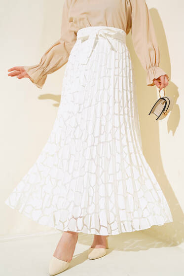 Tül Desenli Pileli Etek Ekru - Etek