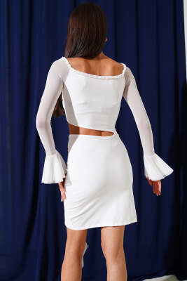 Tül Detaylı Dekolteli Mini Elbise Ekru - Kadın Giyim Modelleri