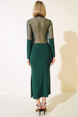 Tül Detaylı Elbise Zümrüt Yeşili - Thumbnail