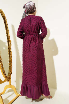 Tül Detaylı Sakallı Kloş Elbise Bordo - Tesettür Elbise