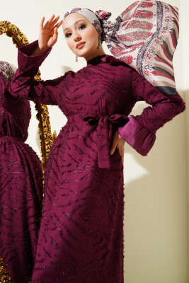 Tül Detaylı Sakallı Kloş Elbise Bordo - Tesettür Elbise