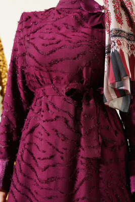 Tül Detaylı Sakallı Kloş Elbise Bordo - Tesettür Elbise