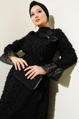 Tül Detaylı Sakallı Kloş Elbise Siyah - Tesettür Elbise