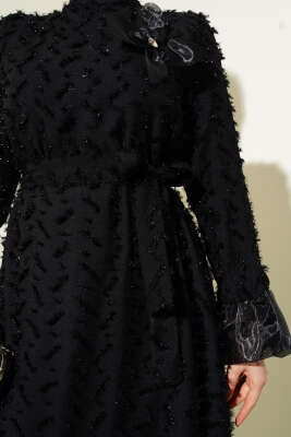 Tül Detaylı Sakallı Kloş Elbise Siyah - Tesettür Elbise