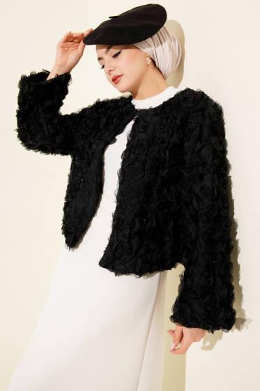 Tül Güllü Ceket Siyah - Ceket