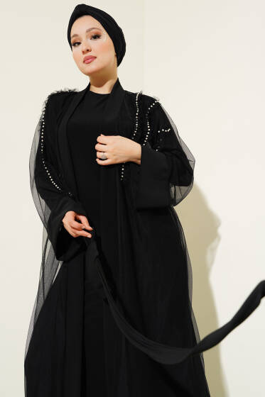 Tül İnci Detaylı Abaya Siyah - Elbise