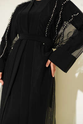 Tül İnci Detaylı Abaya Siyah - Elbise