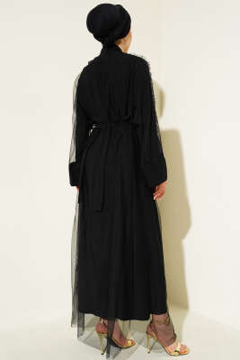 Tül İnci Detaylı Abaya Siyah - Tesettür Elbise
