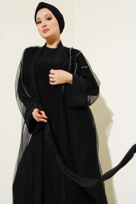 Tül İnci Detaylı Abaya Siyah - Tesettür Elbise