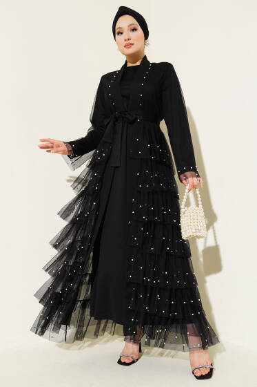 Tül Kat İncili Abaya Siyah - Elbise