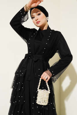 Tül Kat İncili Abaya Siyah - Tesettür Elbise