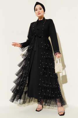 Tül Kat İncili Abaya Siyah - Tesettür Elbise