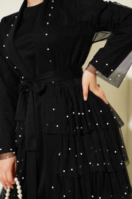 Tül Kat İncili Abaya Siyah - Tesettür Elbise