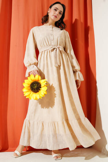 Tül Papatya Desen Bel Lastikli Elbise Bej - Elbise