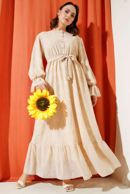 Tül Papatya Desen Bel Lastikli Elbise Bej 