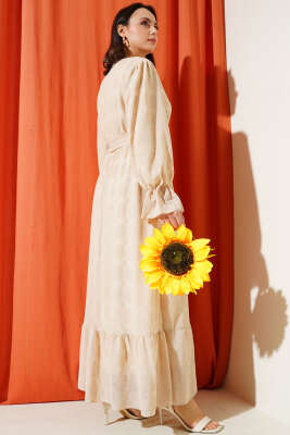 Tül Papatya Desen Bel Lastikli Elbise Bej - Tesettür Elbise