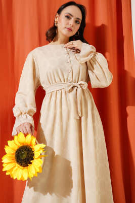 Tül Papatya Desen Bel Lastikli Elbise Bej - Tesettür Elbise