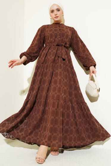 Tül Papatya Desen Bel Lastikli Elbise Kahve - Elbise