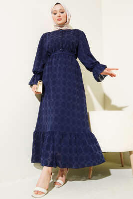 Tül Papatya Desen Bel Lastikli Elbise Lacivert - Tesettür Elbise