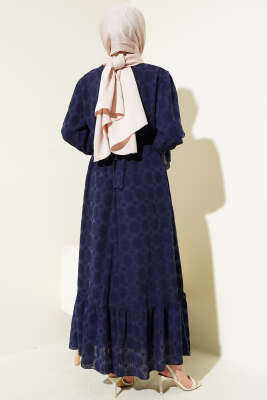 Tül Papatya Desen Bel Lastikli Elbise Lacivert - Tesettür Elbise