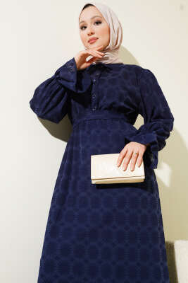 Tül Papatya Desen Bel Lastikli Elbise Lacivert - Tesettür Elbise