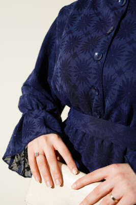 Tül Papatya Desen Bel Lastikli Elbise Lacivert - Tesettür Elbise