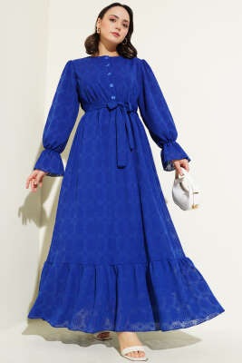 Tül Papatya Desen Bel Lastikli Elbise Saks 