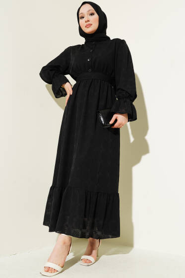 Tül Papatya Desen Bel Lastikli Elbise Siyah - Elbise