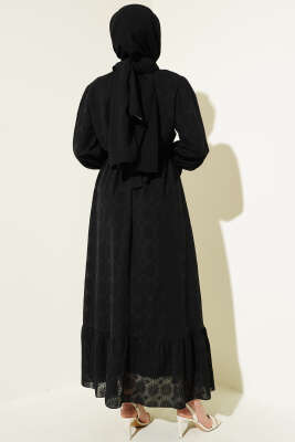 Tül Papatya Desen Bel Lastikli Elbise Siyah - Tesettür Elbise