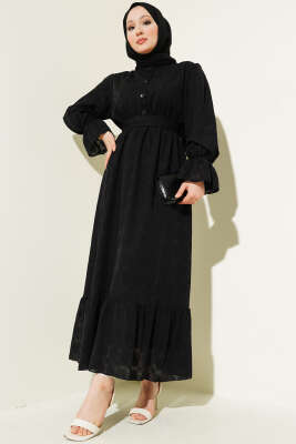 Tül Papatya Desen Bel Lastikli Elbise Siyah 