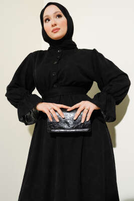 Tül Papatya Desen Bel Lastikli Elbise Siyah - Tesettür Elbise