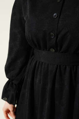 Tül Papatya Desen Bel Lastikli Elbise Siyah - Tesettür Elbise