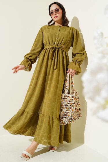Tül Papatya Desen Bel Lastikli Elbise Yağ Yeşili - Elbise