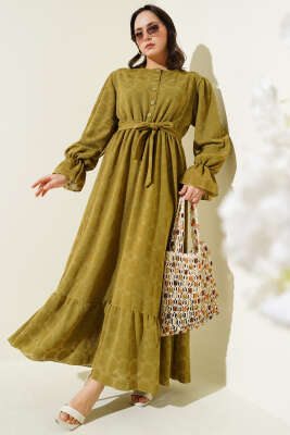 Tül Papatya Desen Bel Lastikli Elbise Yağ Yeşili 