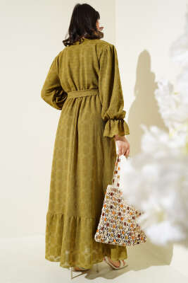 Tül Papatya Desen Bel Lastikli Elbise Yağ Yeşili - Tesettür Elbise