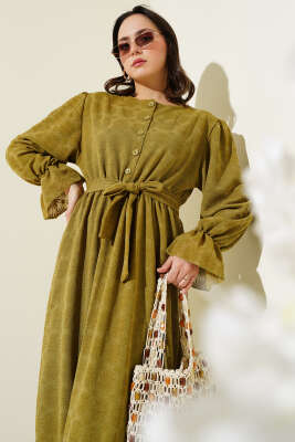 Tül Papatya Desen Bel Lastikli Elbise Yağ Yeşili - Tesettür Elbise