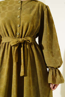 Tül Papatya Desen Bel Lastikli Elbise Yağ Yeşili - Tesettür Elbise