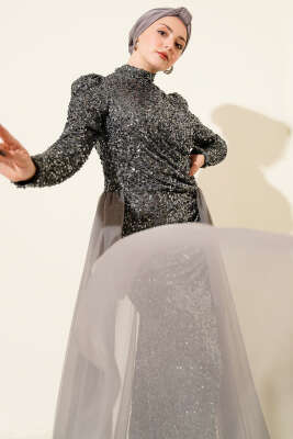 Tül Pelerinli Pul Payet Abiye Elbise Antrasit - Elbise