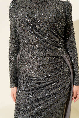 Tül Pelerinli Pul Payet Abiye Elbise Antrasit - Elbise