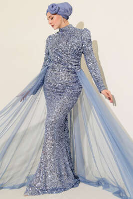 Tül Pelerinli Pul Payet Abiye Elbise Bebe Mavi 