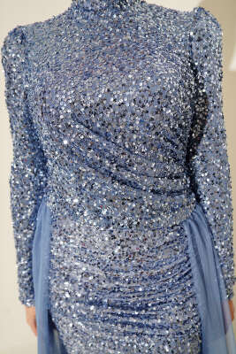 Tül Pelerinli Pul Payet Abiye Elbise Bebe Mavi - Elbise