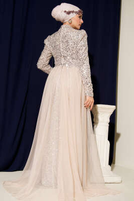 Tül Pelerinli Pul Payet Abiye Elbise Bej - Elbise