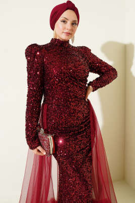 Tül Pelerinli Pul Payet Abiye Elbise Bordo - Elbise