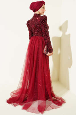 Tül Pelerinli Pul Payet Abiye Elbise Bordo - Elbise