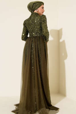 Tül Pelerinli Pul Payet Abiye Elbise Haki - Elbise